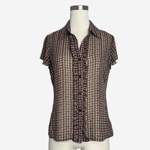 Worthington Brown sheer ruffle front collared button up blouse polka dot mod 6